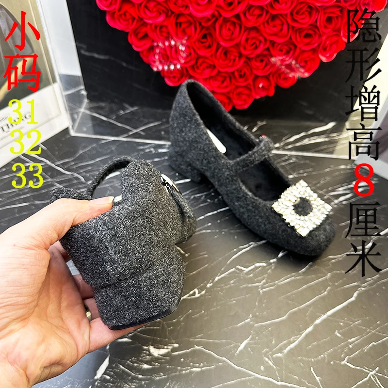 隐形增高8CM毛毛鞋女冬温柔一字带方扣水钻玛丽珍鞋加绒保暖单鞋