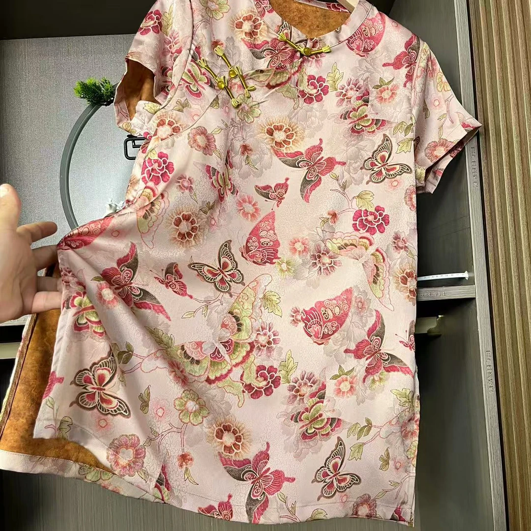 （典雅）2025年夏季新中式气质复古提花立领手工盘扣斜襟长款上衣