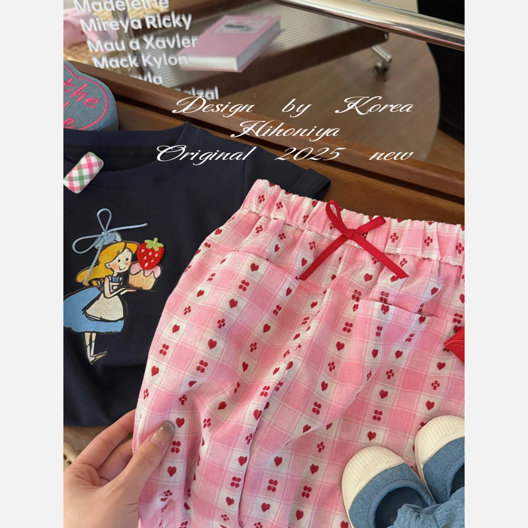 【粉叽叽】二Hihoniya~2025夏季欧若风宝宝粉色爱心韩版格子裤