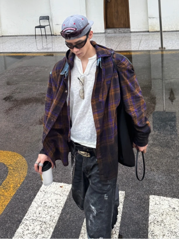 【格子衬衫】EWEAR拼接时尚连帽渐变格子衫 1117