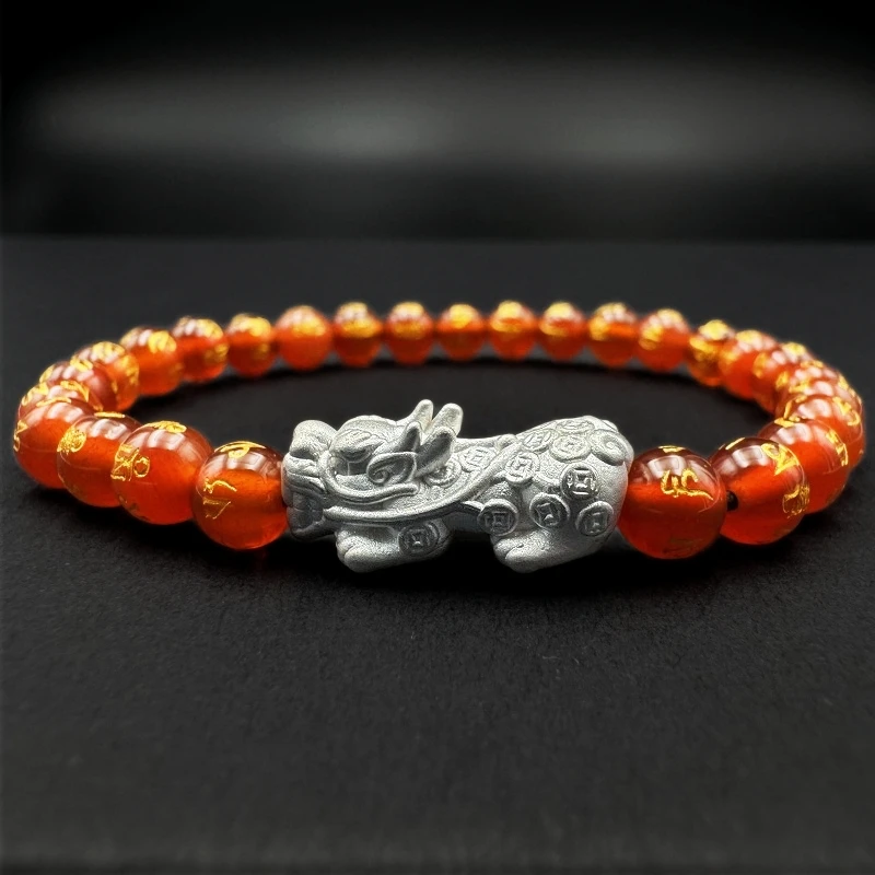 足银手链 纯银3D立体貔貅六字箴言手串手链