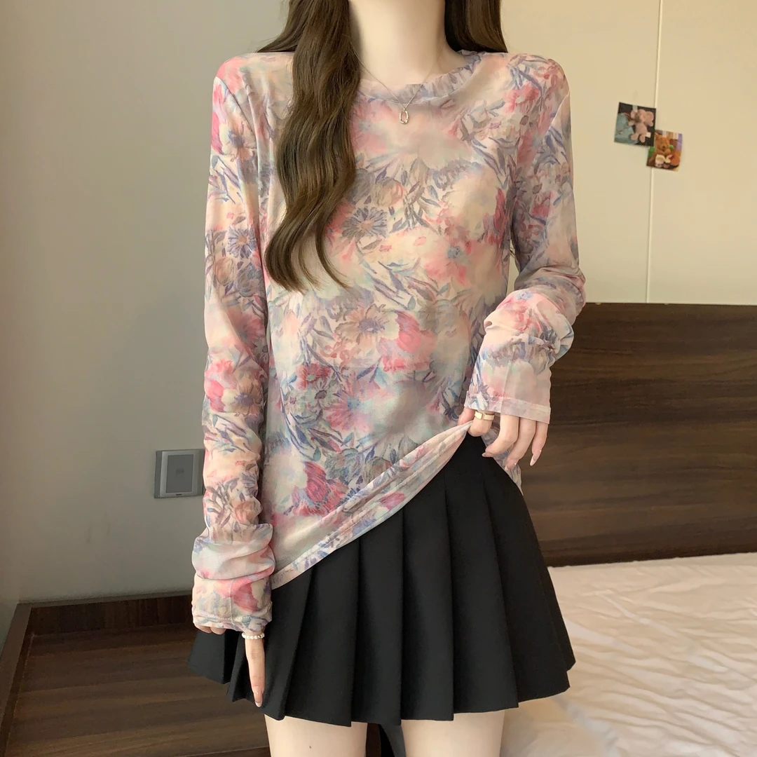 双层网纱长袖t恤女春款设计感小众印花防晒打底衫上衣6037-39