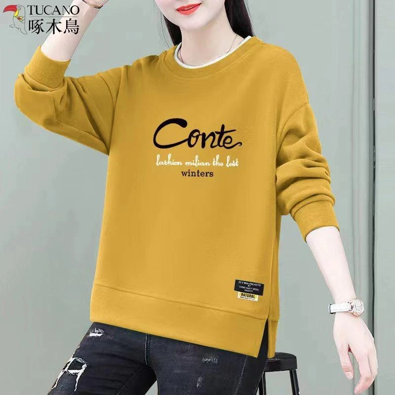 啄木鸟新款2025年卫衣女宽松大码修身显瘦长袖开叉休闲打底衫上衣