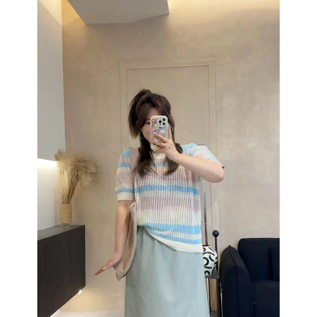 晶咕【加州日落】冰麻撞色短袖上衣显瘦时尚夏季宽松条纹