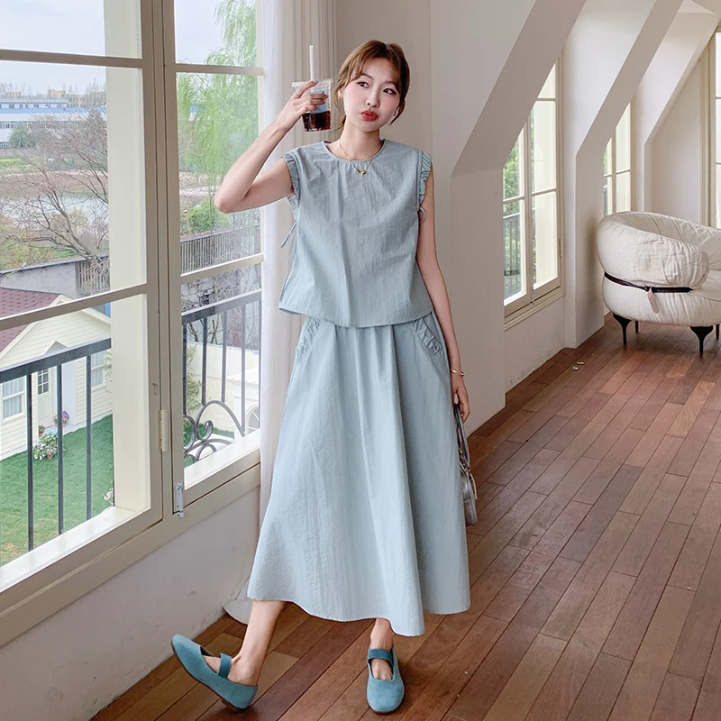 蓝色清冷松弛感马甲套装裙女2025夏新款法式气质减龄半身裙两件套