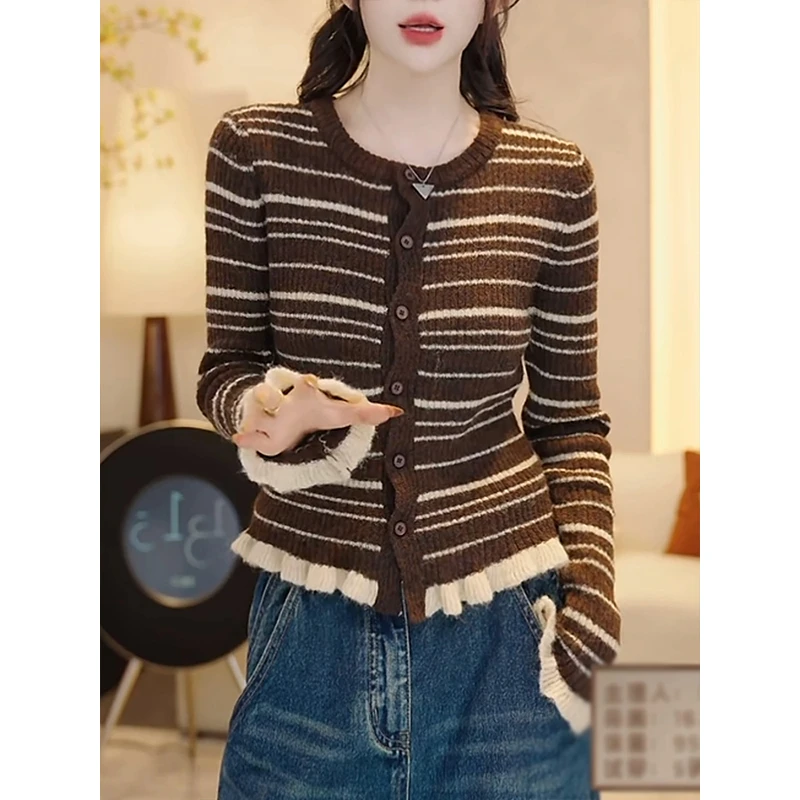 法式撞色条纹软糯开衫毛衣女秋季2025新款韩系减龄针织衫长袖上衣