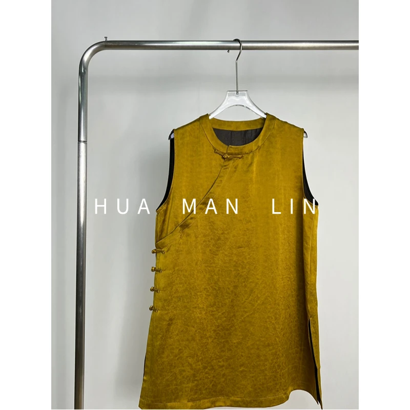 【花滿林】圆领斜门襟盘扣35MM重缎香云纱桑蚕丝无袖上衣259694