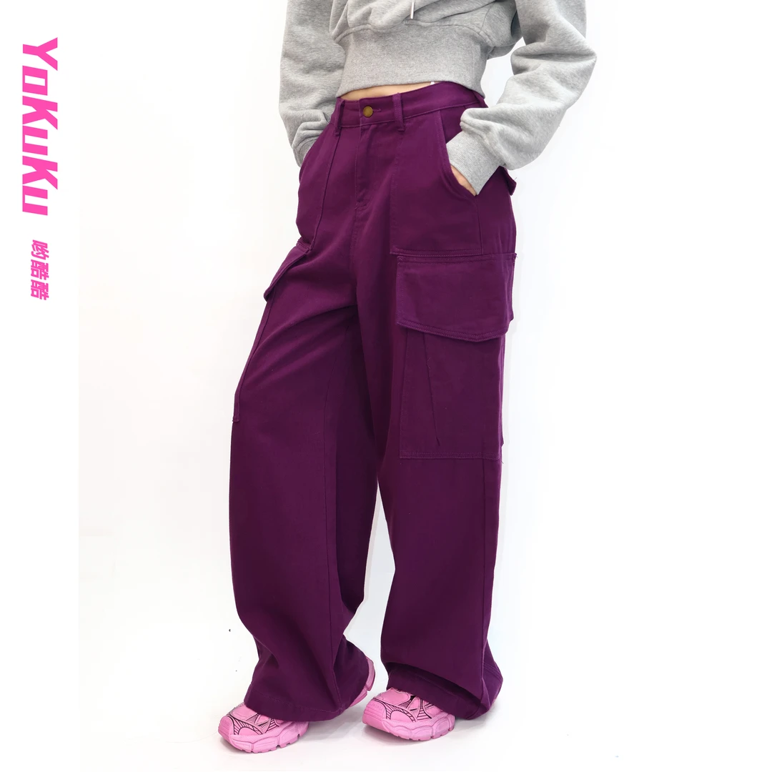 哟酷酷（紫气东来）美式高街带盖休闲百搭阔腿工装牛仔裤