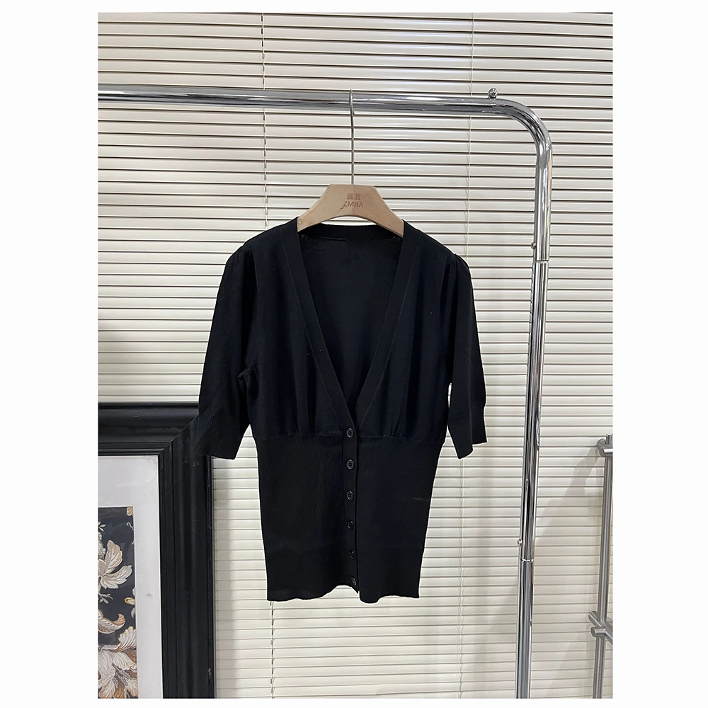 ML7914  春季新款纯色修身单排扣短袖针织外套女