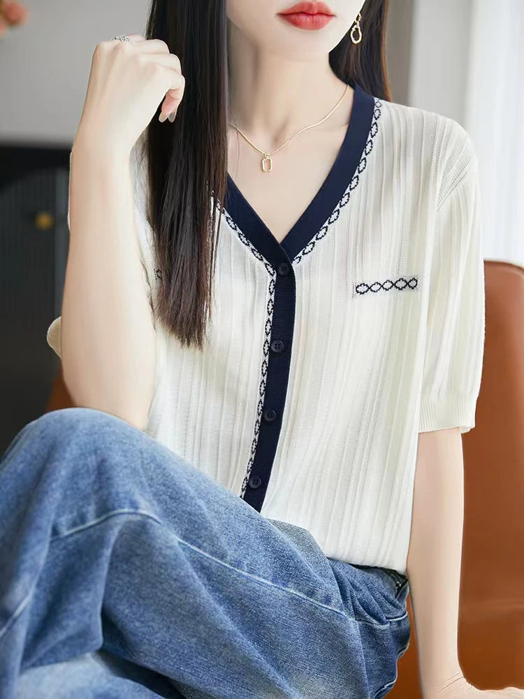 时尚设计感撞色宽松莱赛尔针织衫女夏季时尚漂亮百搭薄款短袖上衣