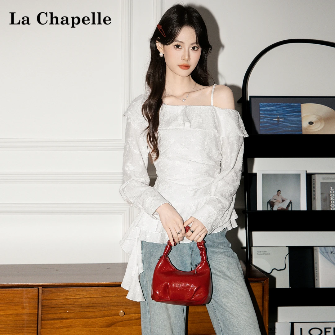 拉夏贝尔法式不规则提花刺绣斜领长袖衬衫女秋荷叶边衬衣露肩上衣