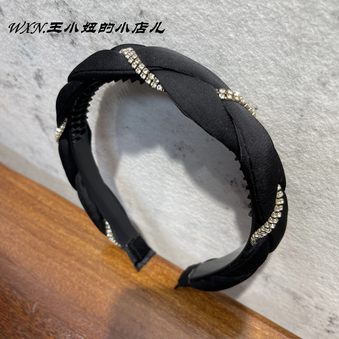 039黑色高级感编织麻花水钻带齿防滑发箍带钻简约高档头箍发卡
