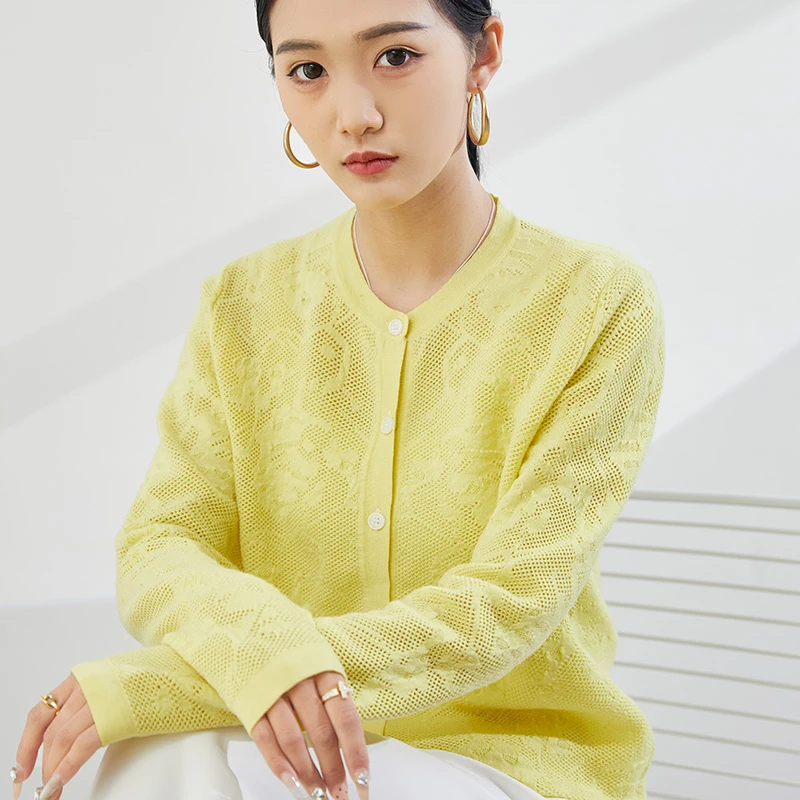 【扬子纱】浮雕工艺圆领开衫女士100%精纺羊毛48支提花针织外套时尚