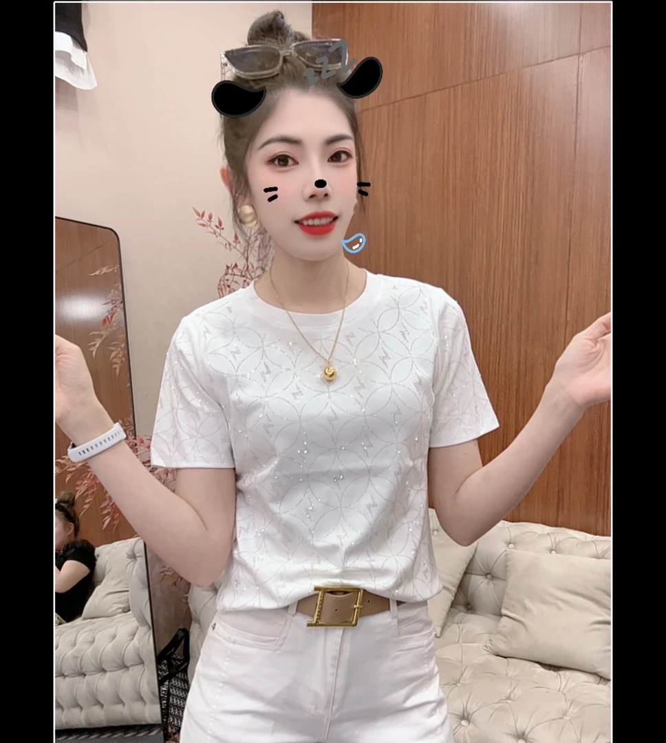 月月家，夏季弧形烫钻修身上衣6082