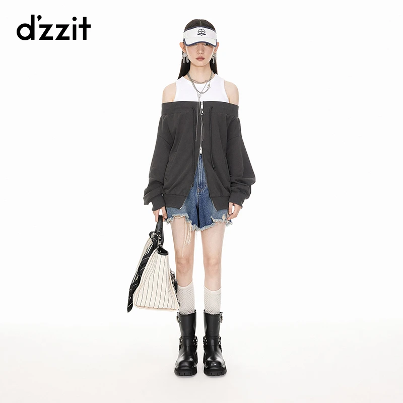 dzzit地素两件式一字肩卫衣春秋摩登解构设计感小众上衣女3I1J221