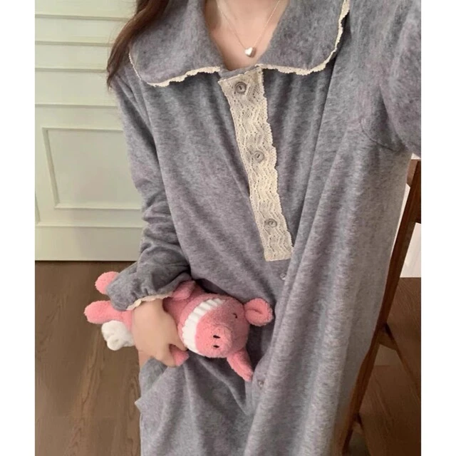 棉睡衣女冬款休闲宽松甜美日系蕾丝长袖睡裙家居服套装可外穿