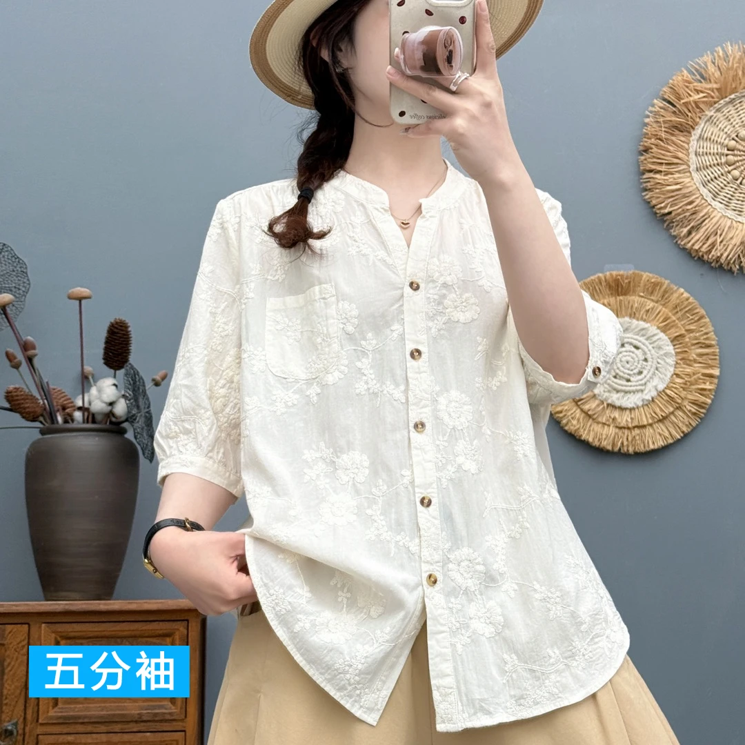 夏季V领刺绣衬衫短袖薄款纯色五分袖拼接蕾丝休闲透气时尚衬衣女
