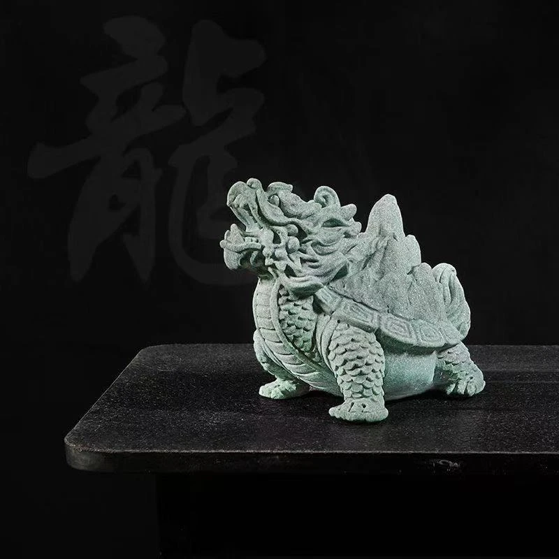 青砂石龟背山鱼缸摆件茶宠复古创意麒麟金钱招财摆设神兽实心