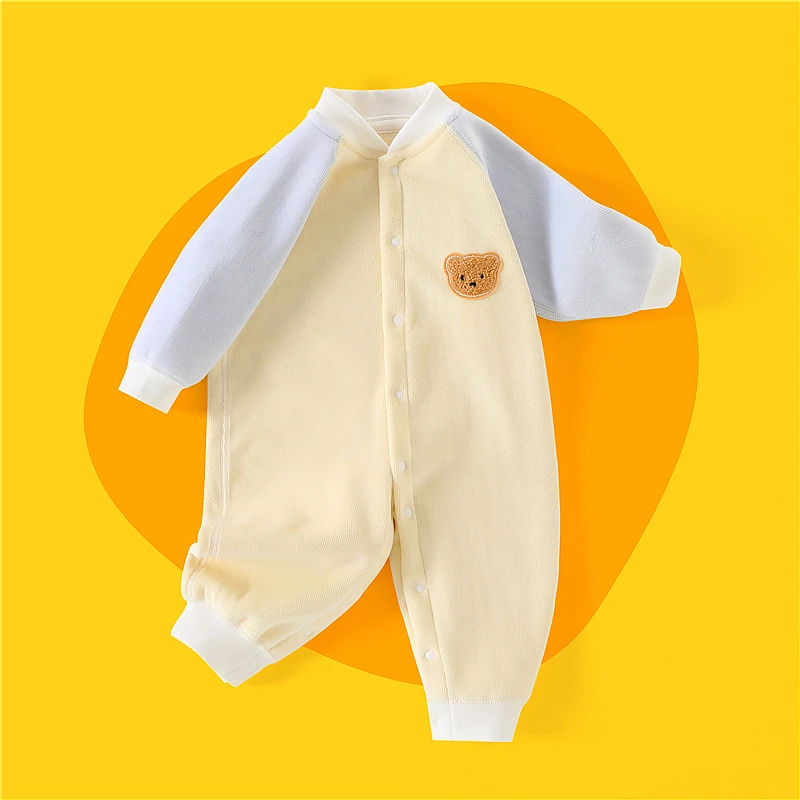 一体绒宝宝加绒连体衣无骨缝制婴儿连体衣斜开双面加绒新生保暖衣