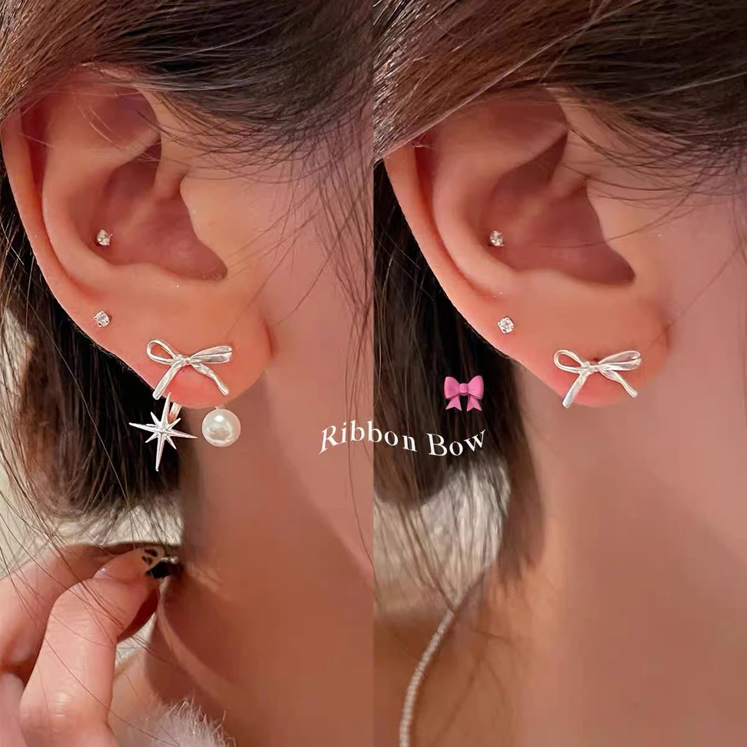 铜合金仿珍珠耳饰 925银针后挂式绝美蝴蝶结耳钉小众星星耳环甜酷