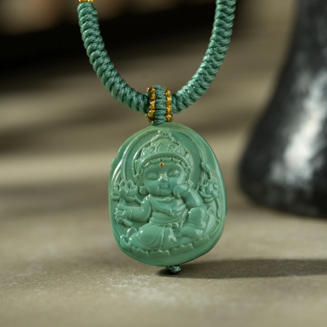 【东方灵玉新店开业】天然原矿绿松石高瓷精品玉化高度母吊坠