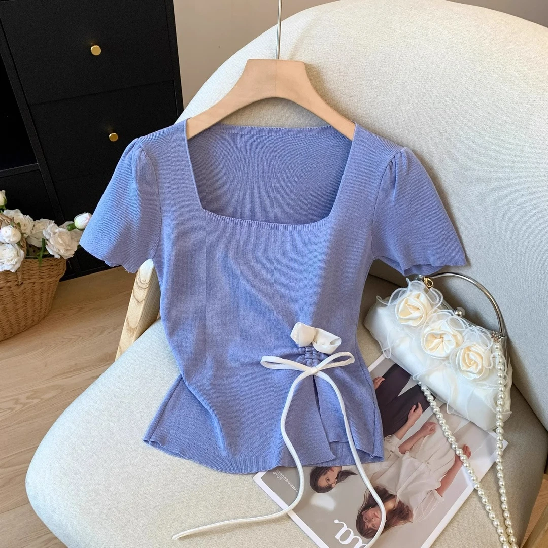 不规则方领立体花朵短袖针织衫T恤夏季新款时尚百搭修身显瘦上衣