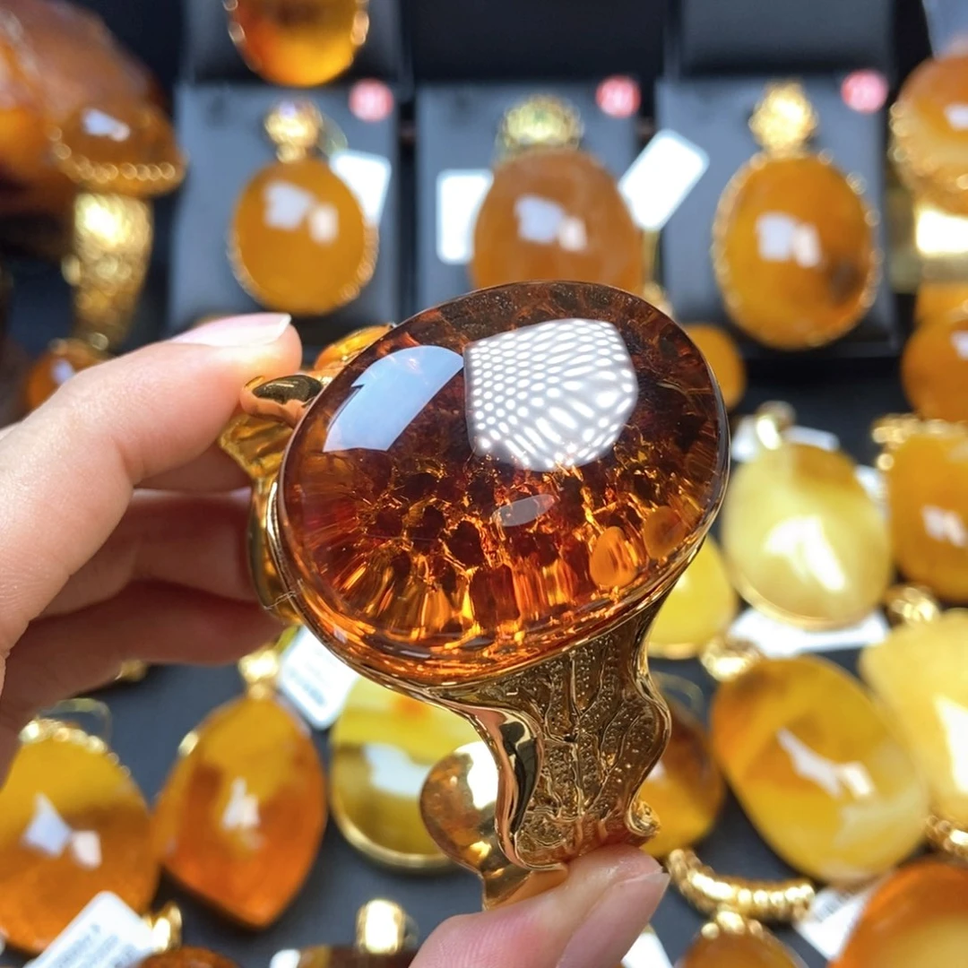 琥珀手镯银S925镀金镶嵌