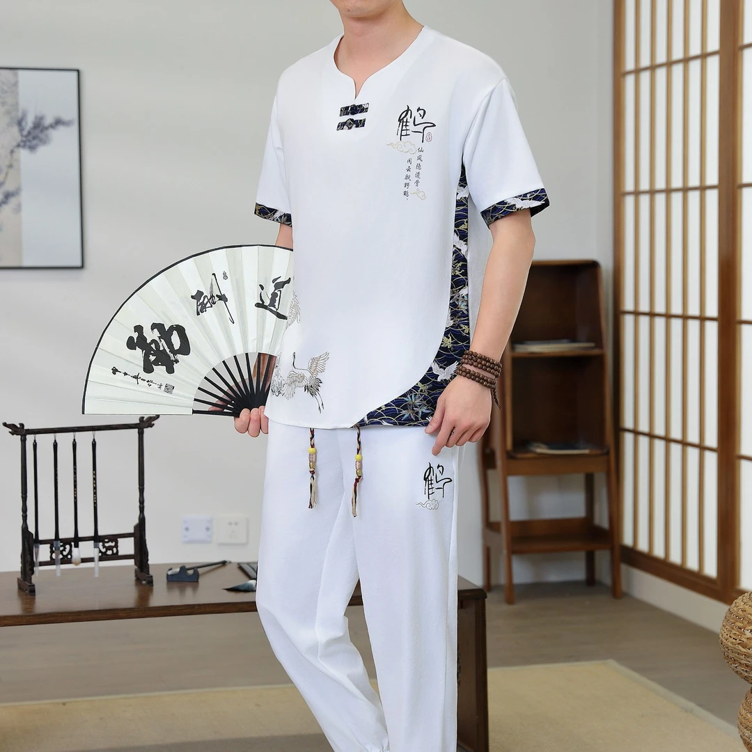 夏季新款男士中国风短袖套装国潮复古中式唐装宽松T恤休闲两件套