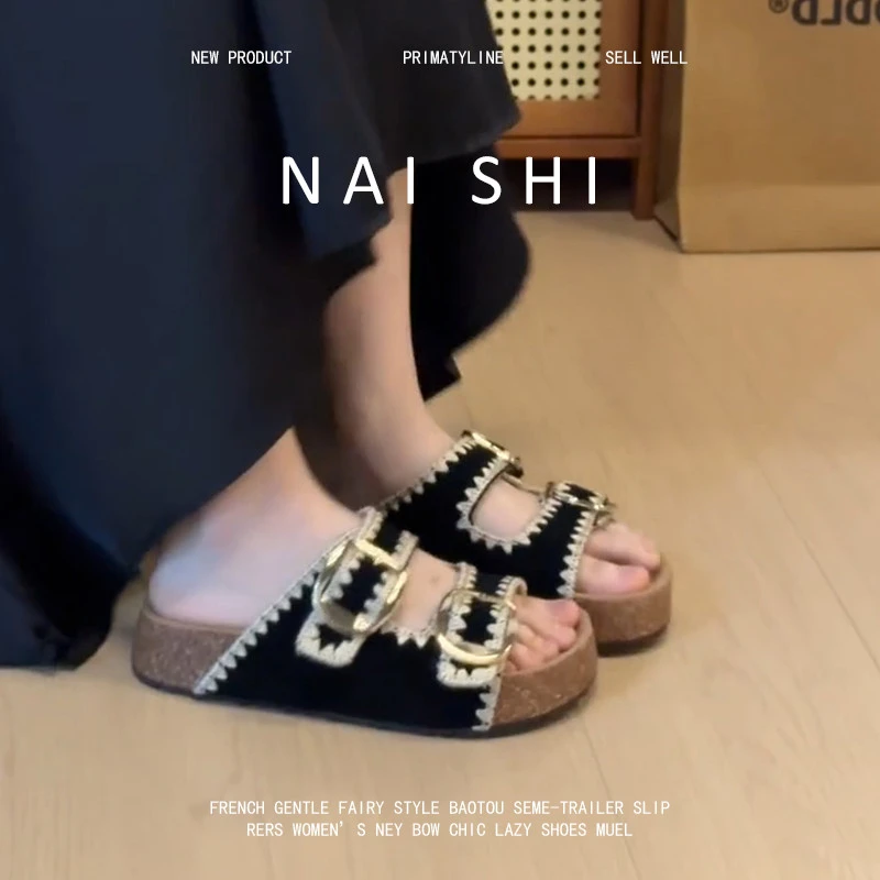 高级感！复古厚底勃肯凉拖鞋女百搭正品防滑增高露趾一字拖鞋外穿