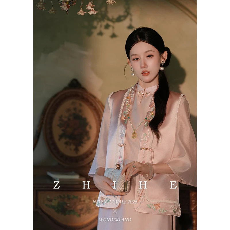 无艳一禾【樱瑾】新中式醋酸重工刺绣马甲蕾丝缎面吊带+纱裙