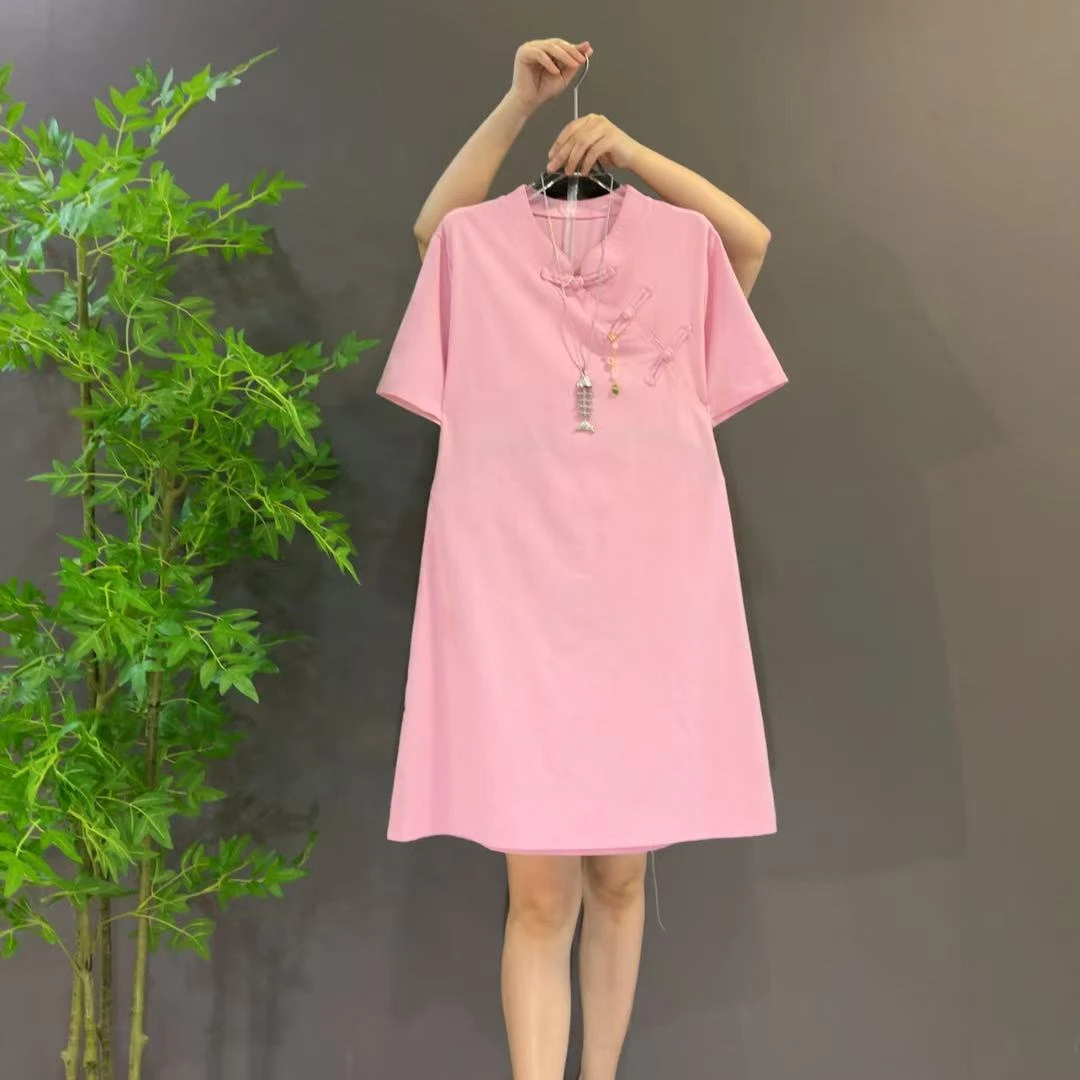 1165夏季短袖中式复古纯色旗袍中长款连衣裙