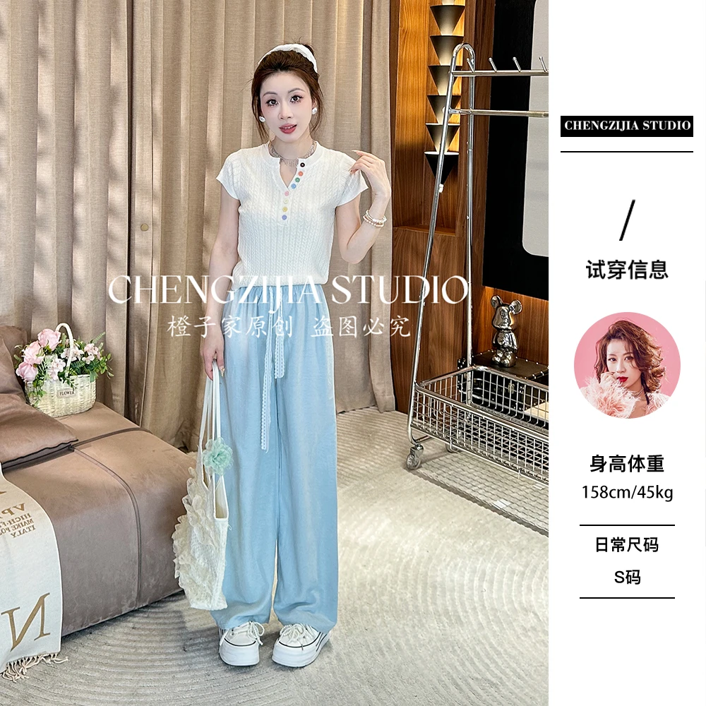 【裴诗婷】橙子·studio 【彩虹豆】TX00023彩色扣短袖圆领上衣