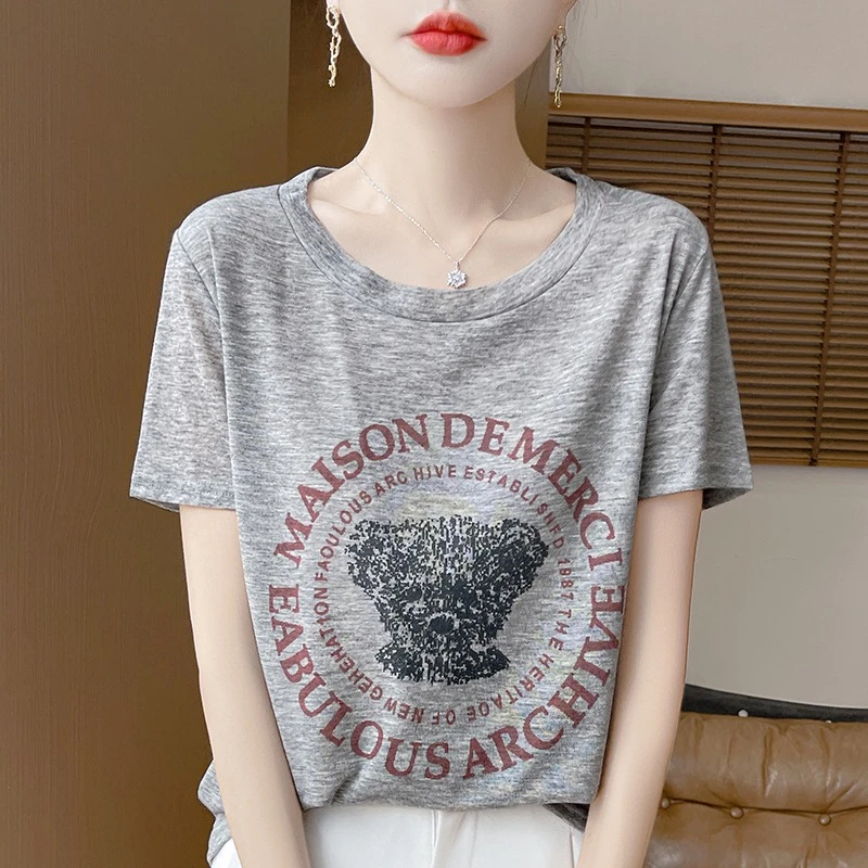 特价~夏季圆领莱赛尔天丝提花针织短袖t恤女宽松显瘦套头半袖打底