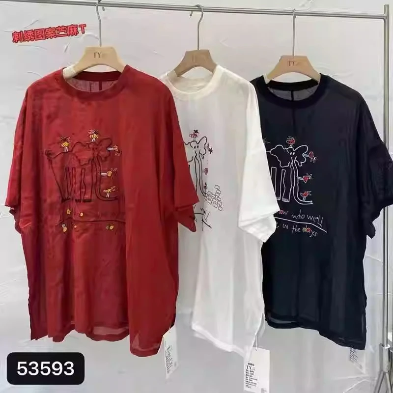TY53593刺绣苎麻短袖上衣韩版休闲宽松大码圆领2025夏季新款洋气