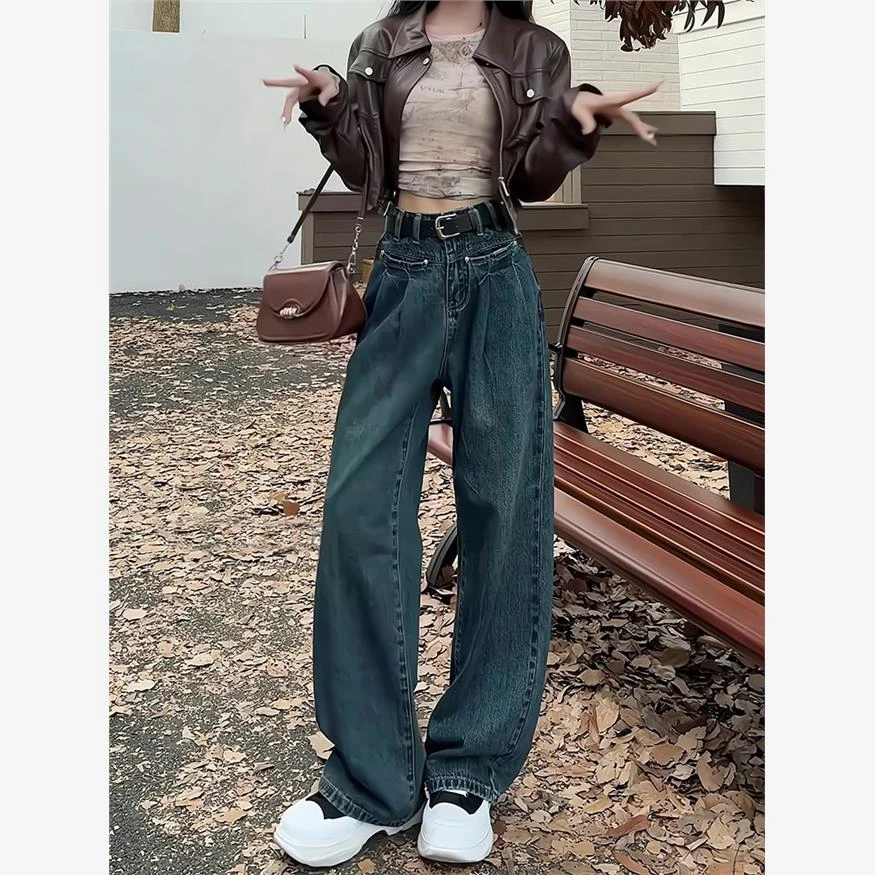 美式复古阔腿裤女2025年春秋高腰宽松直筒拖地爆款垂感显瘦牛仔裤