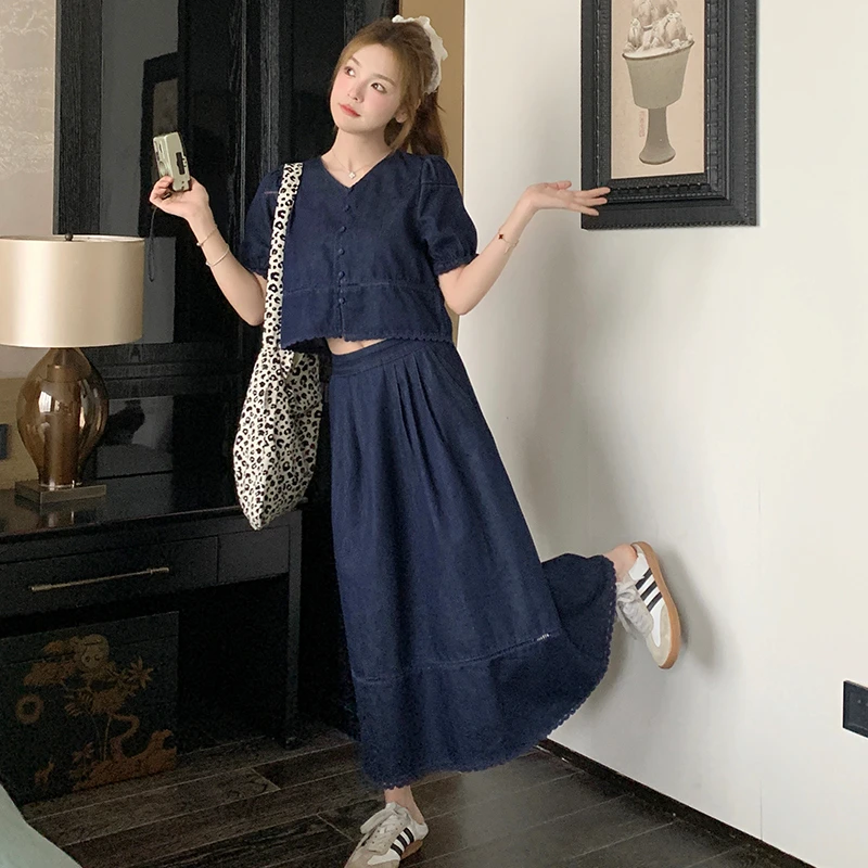 深蓝色花边牛仔套装裙女2025夏季新款复古设计感气质半身裙两件套