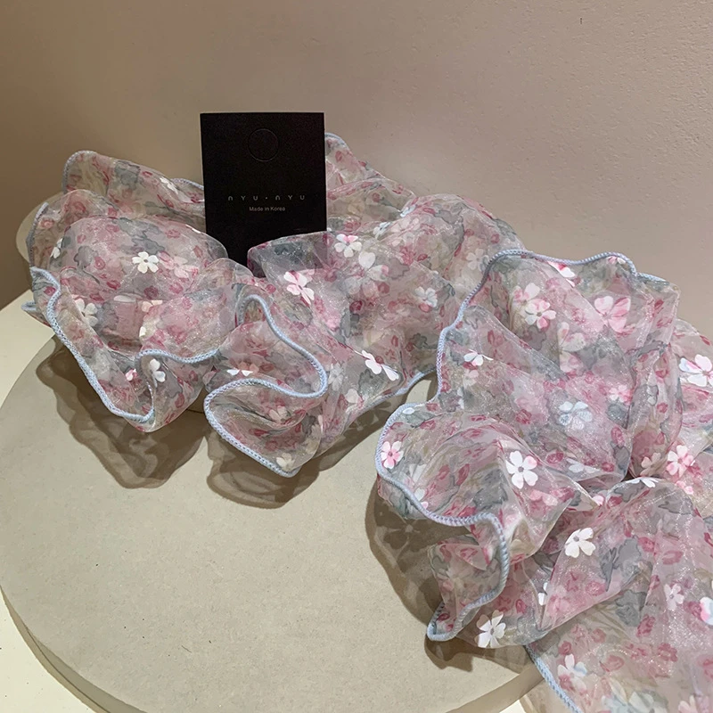 发饰森系樱花粉碎花半透明欧根纱甜美小清新扎马尾发绳大肠发圈新