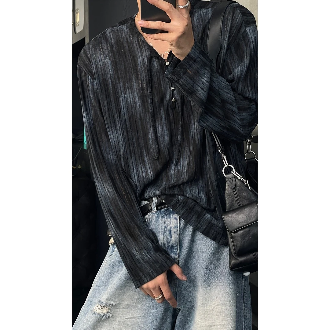 龙刀刀夏季新品小众设计感扎染薄款长袖T恤男宽松慵懒风休闲上衣