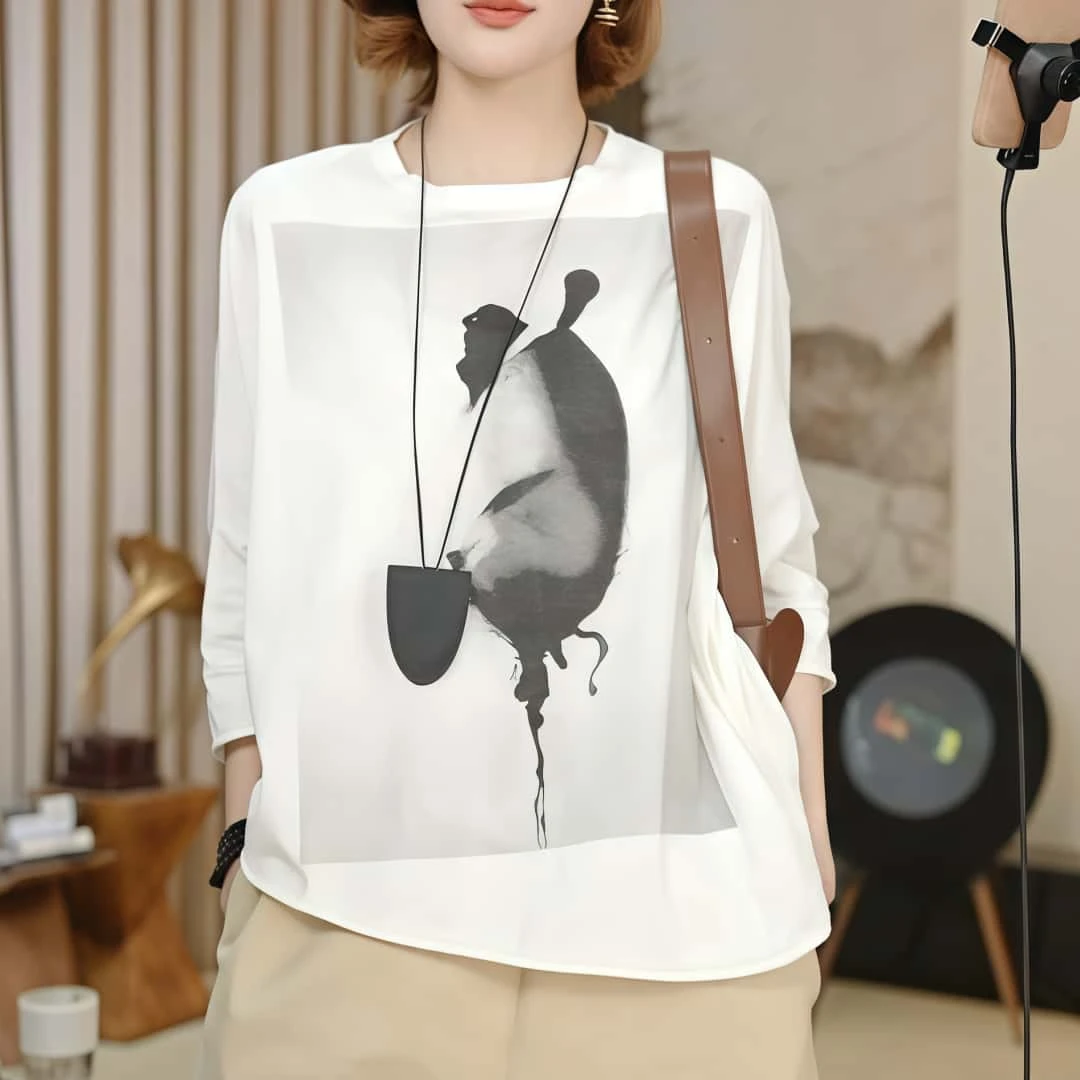 夏季薄款宽松印花七分袖t恤女2025休闲气质圆领设计时尚显瘦上衣