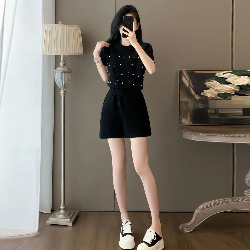 高含棉钉珠设计感套装女2025年夏季新款圆领上衣高腰短裤两件套潮
