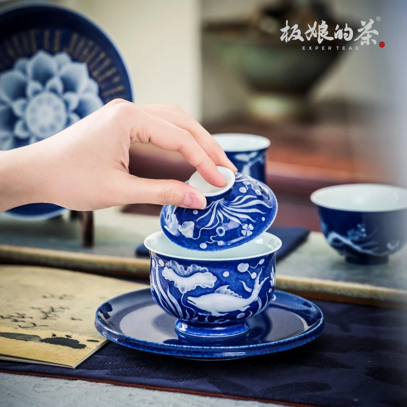 板娘的茶 初蓝舍 手绘洒蓝重工堆白鱼藻盖碗 容量140ml复古