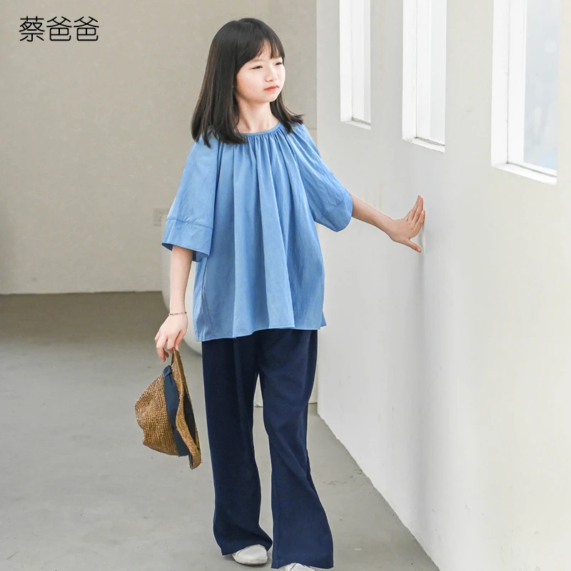 蔡爸爸童装t恤新款文艺夏装女大童圆领蓝色宽松休闲上衣313+177