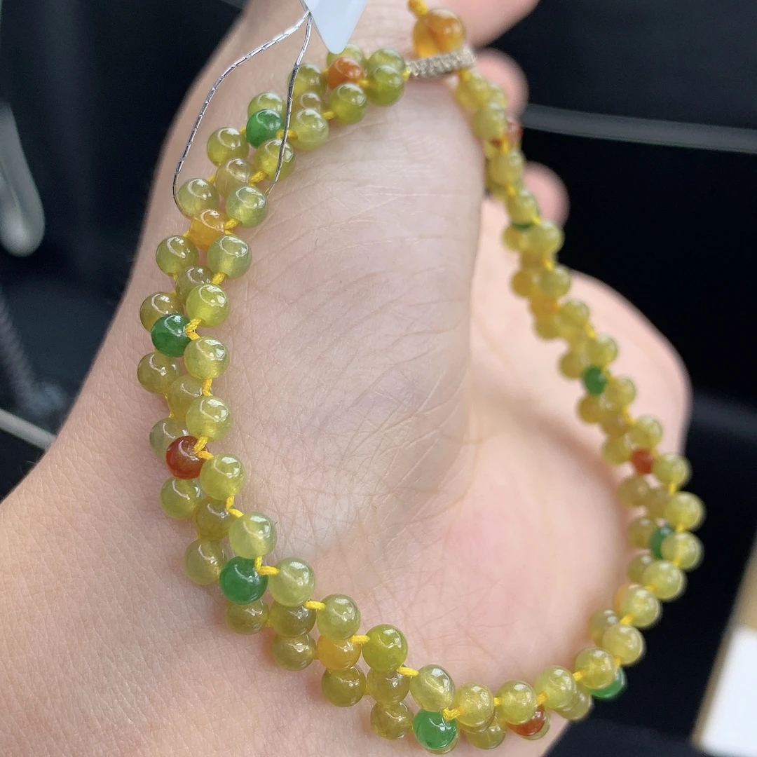 四会 缅甸A货翡翠编织黄翡小米珠手链T/3.5mm