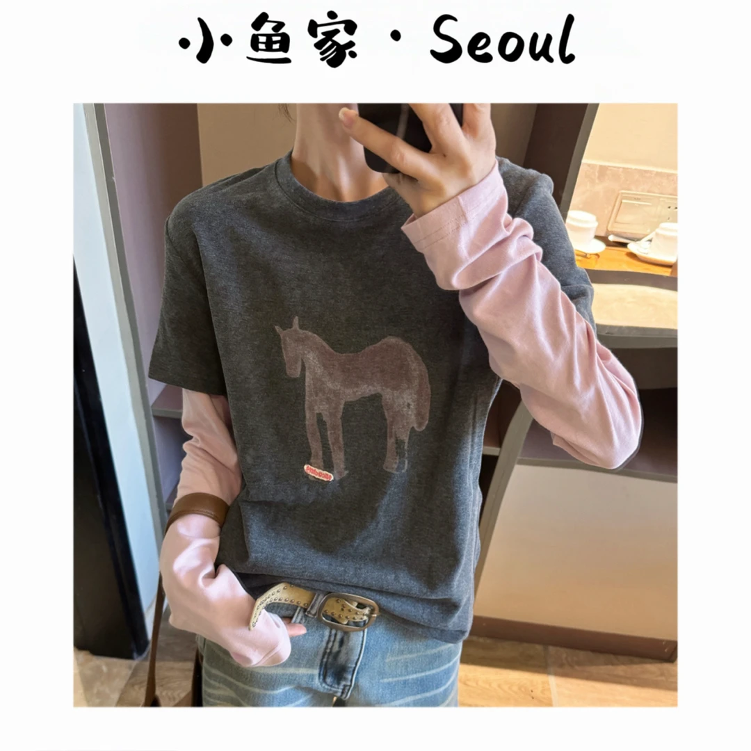 【粉色小马】M韩风假两件圆领德绒长袖打底衫百搭显瘦打底衫