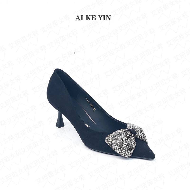 【艾珂茵】春夏季新款尖头气质百搭蝴蝶结镶钻扣细跟高跟鞋性感时尚