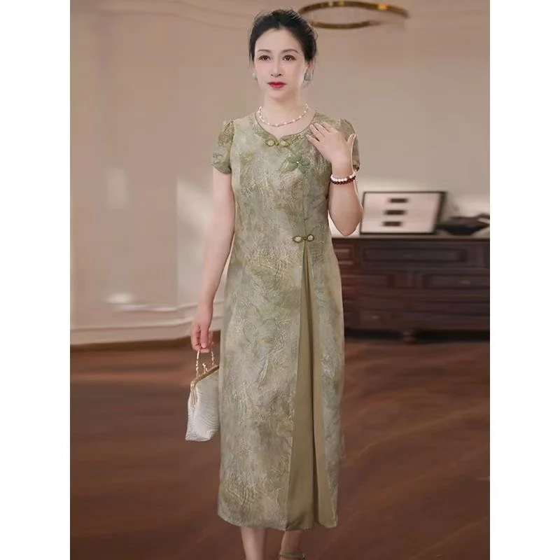 妈妈夏装改良新中式连衣裙中年女洋气短袖裙子中老年时尚减龄长裙