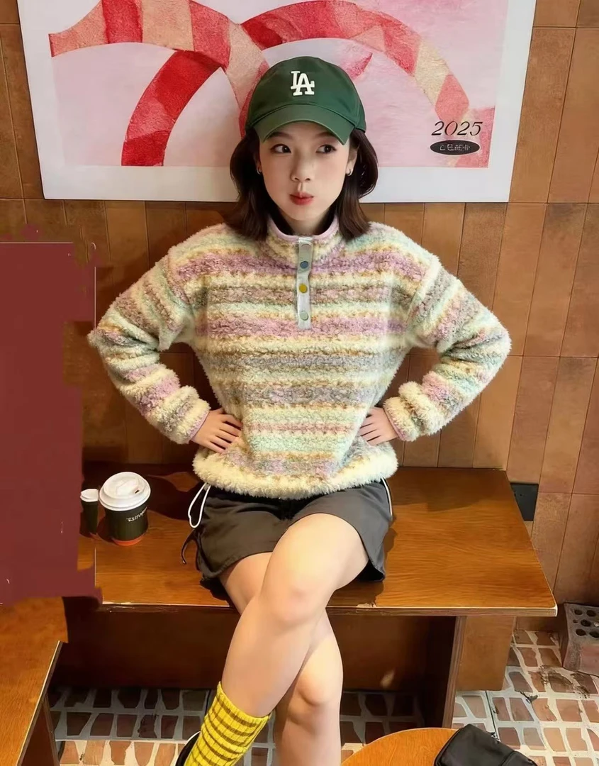 张张【张张家】X451-X500休闲慵懒风条纹长袖百搭秋季女装毛针织衫