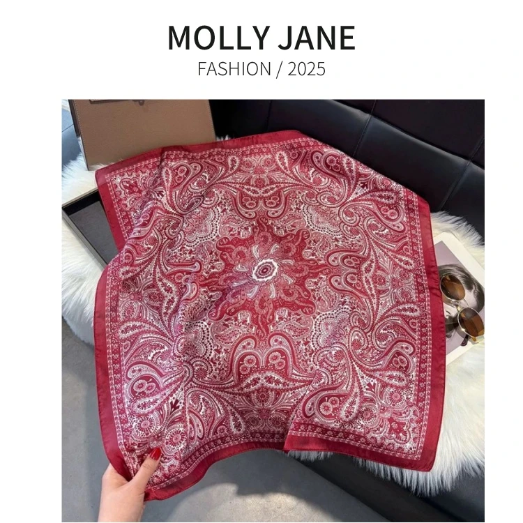 木槿芸【图腾方巾】70*70美式复古红色腰果花缎面洋气女丝巾SJ-127