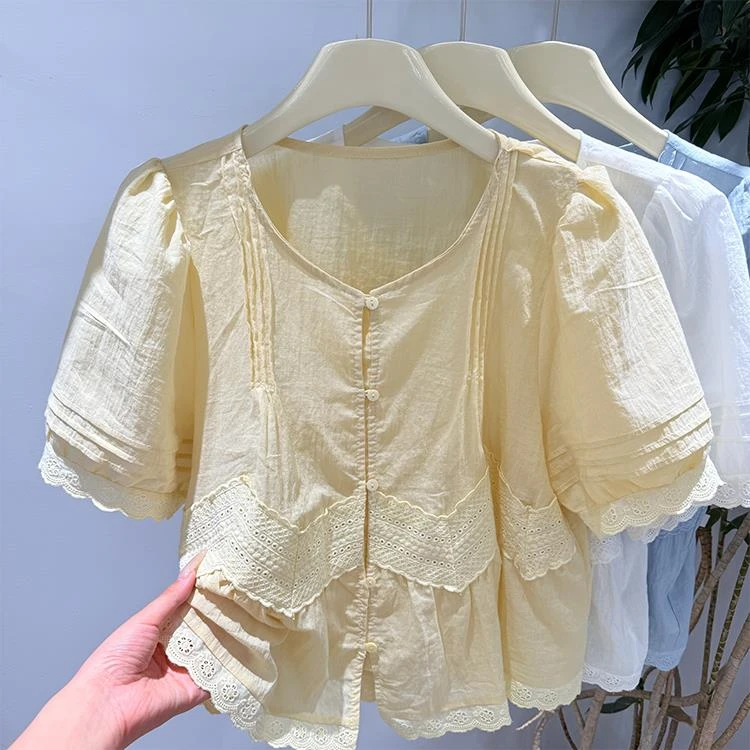 2025夏季新款韩版时尚圆领镂空短袖衬衫女宽松显瘦百搭上衣潮