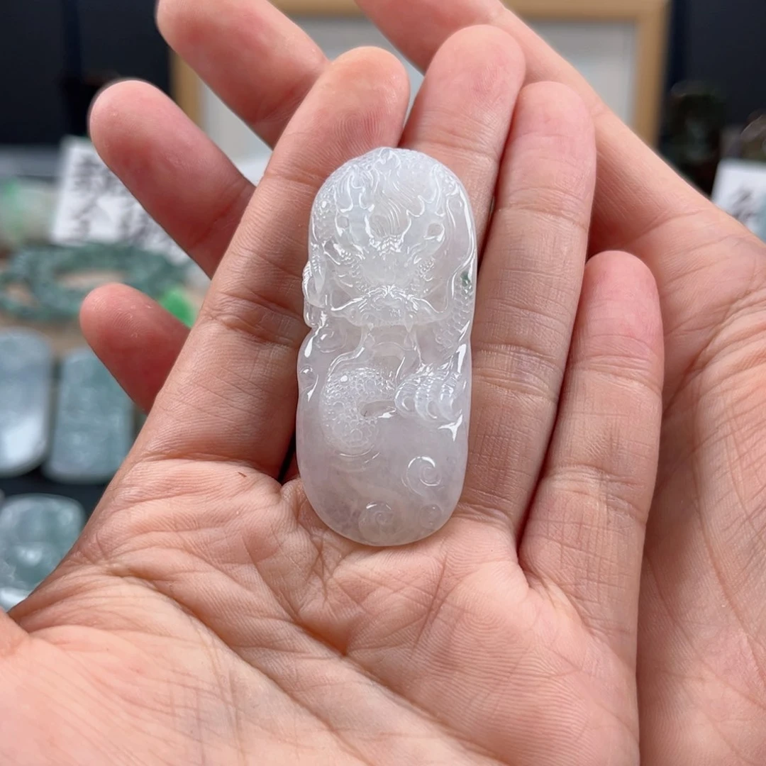 翡翠颈饰未镶嵌木*龙牌吊坠缅甸天然翡翠老坑白冰料